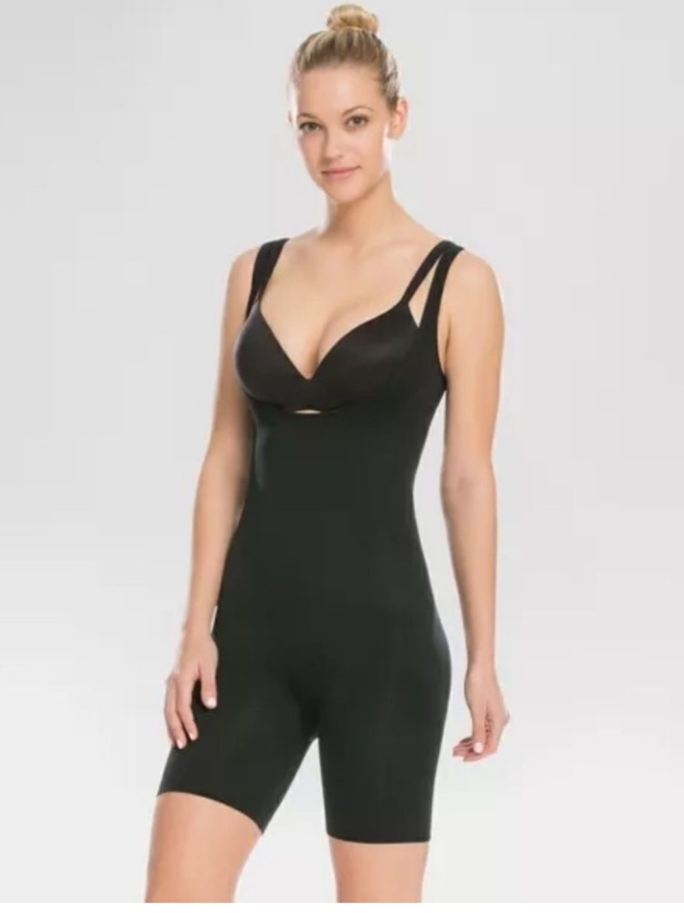 SPANX Women’s Open Bust Seamless Shaping Bodysuit Size Small Black Mid Thigh EUC
